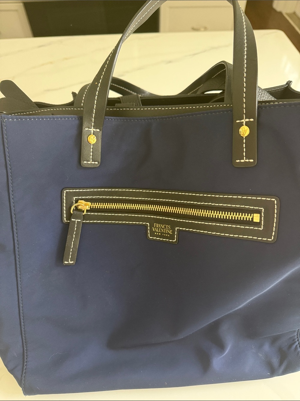 Frances Valentine Navy Messenger Tote with Gold Hardware